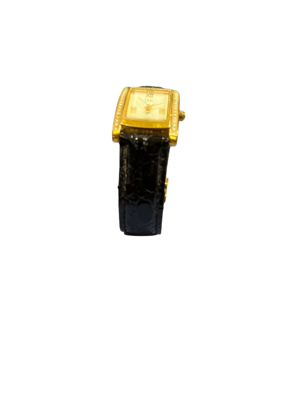 JBK Jacqueline Kennedy wms black gold crystal bezel leather watch SKU 10-847